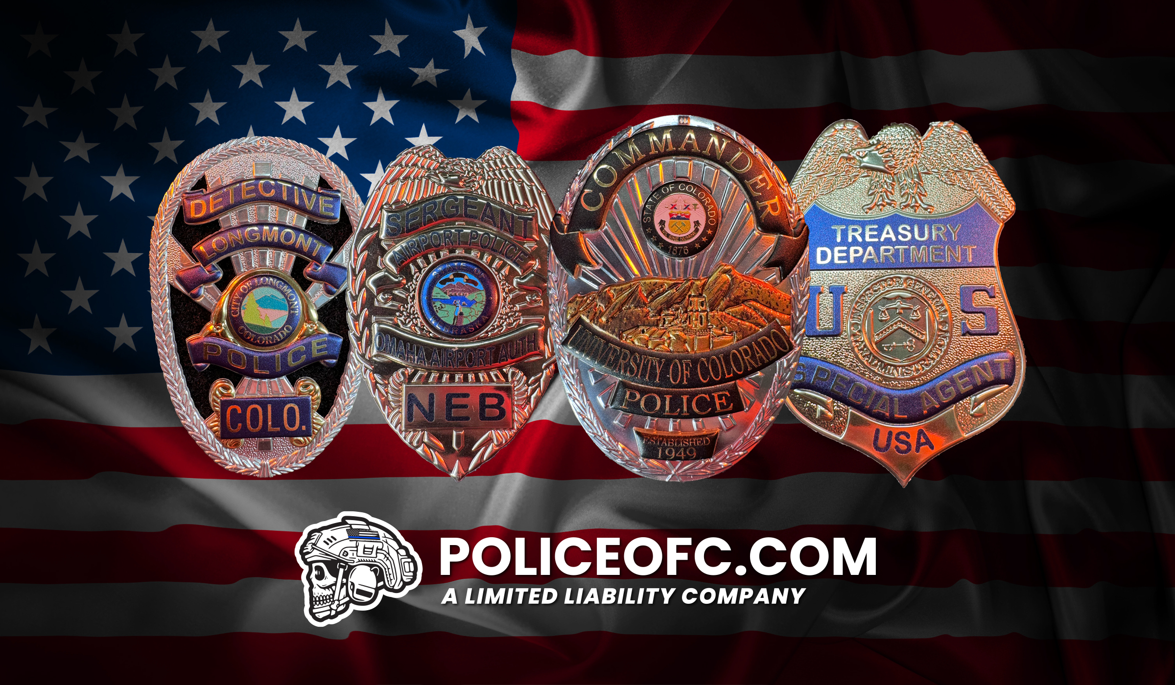 Four police flex badges displayed against an American flag with 'POLICEOFC.COM' text.
