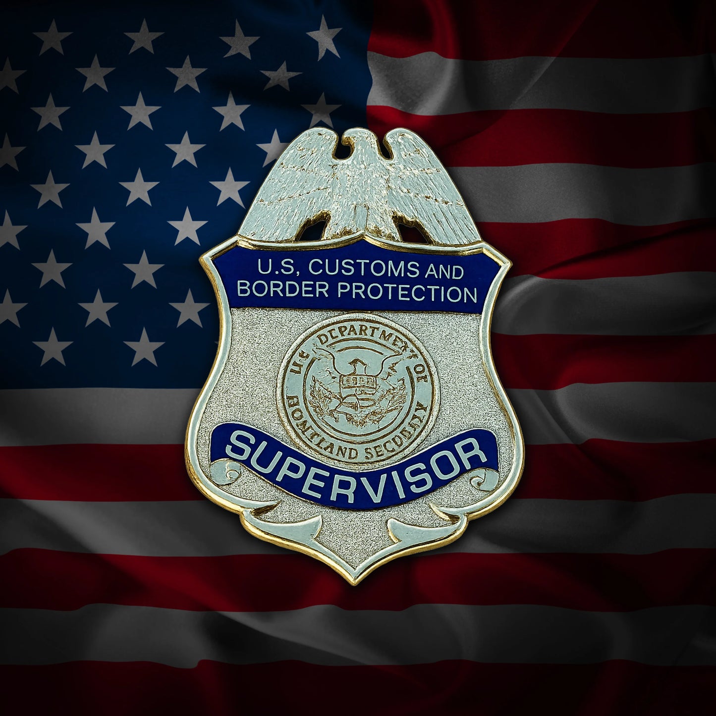 U.S. Customs and Border Protection Supervisor flex badge on an American flag background