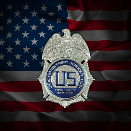 Drug Enforcement Administration Task Force Officer BadgePatch™ Flexible Metallic patch on an American flag background