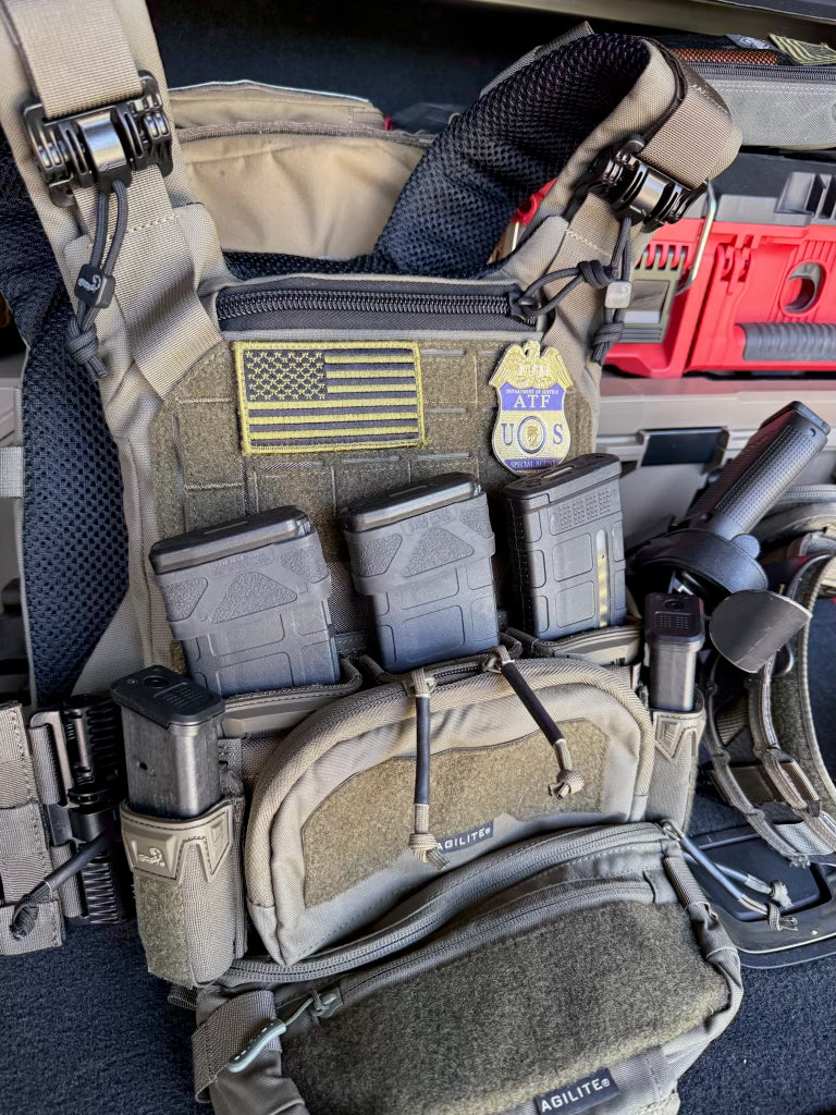 tactical vest with ATF SA Flex Badge and American flag patch