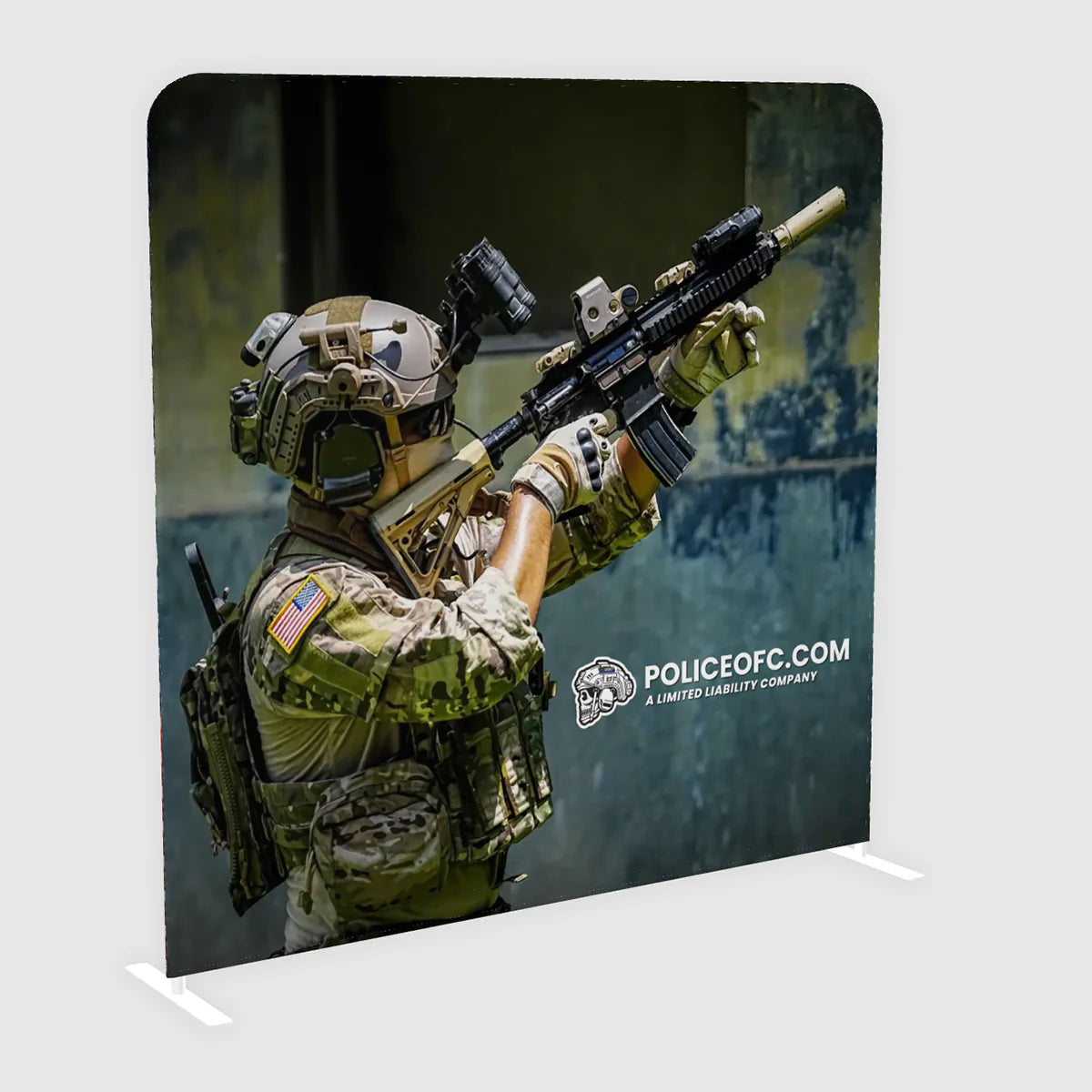 Display stand with a soldier in tactical gear holding a rifle, featuring Police OFC.com branding.