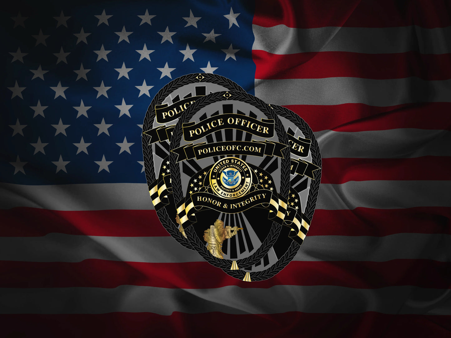 Die cut, custom sticker - Police badge with 'POLICE OFFICER' text on an American flag background