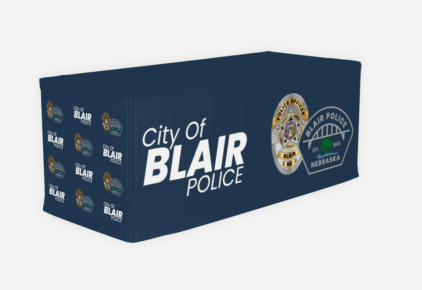Custom Navy blue table cover with 'City of Blair Police' text and logo on a white background