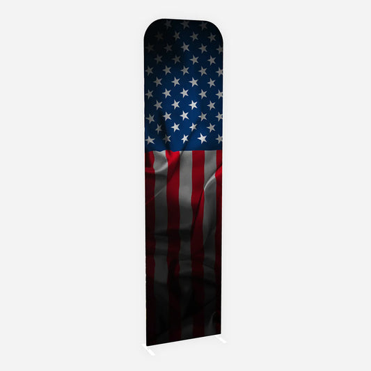 Tall, narrow fabric display with American flag design on a white background