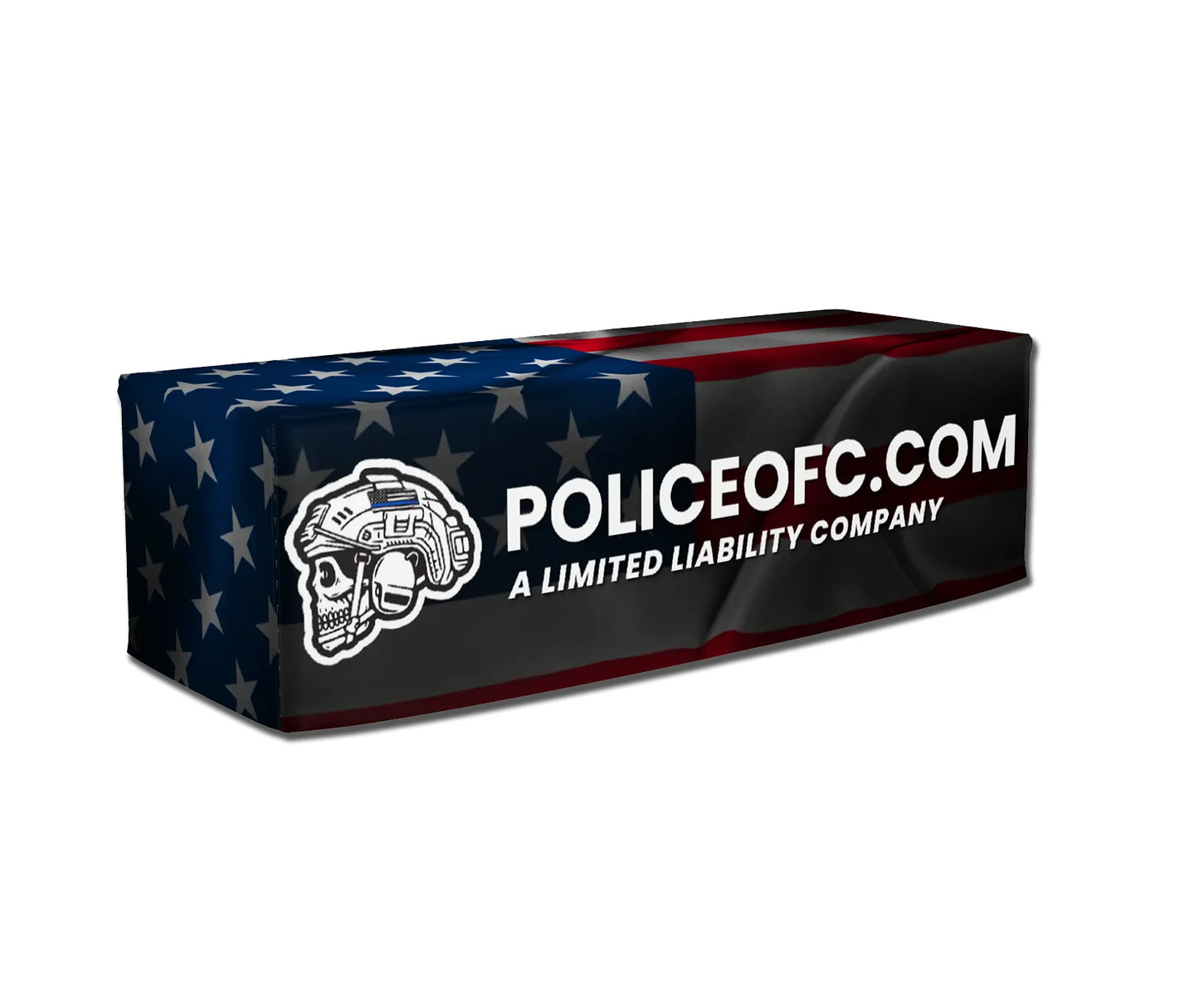 Custom Table Cloth with American flag design and 'POLICEOFC.COM' branding on a white background