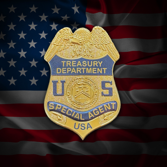 Gold Treasury Department Special Agent flex badge on an American flag background