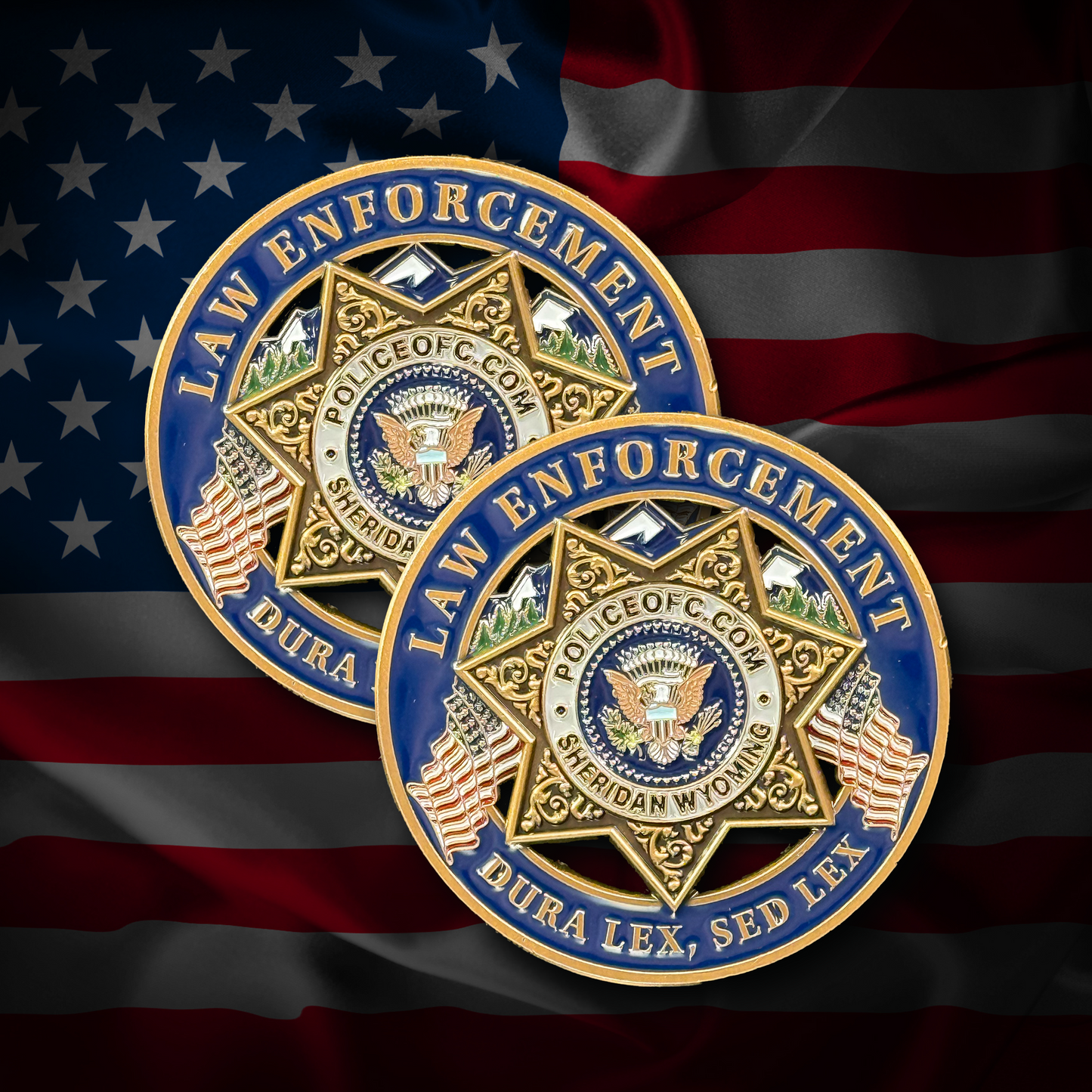 Two law enforcement challenge coins on an American flag background