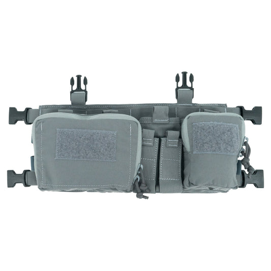 Gray tactical belt with multiple pouches and straps on a white background
