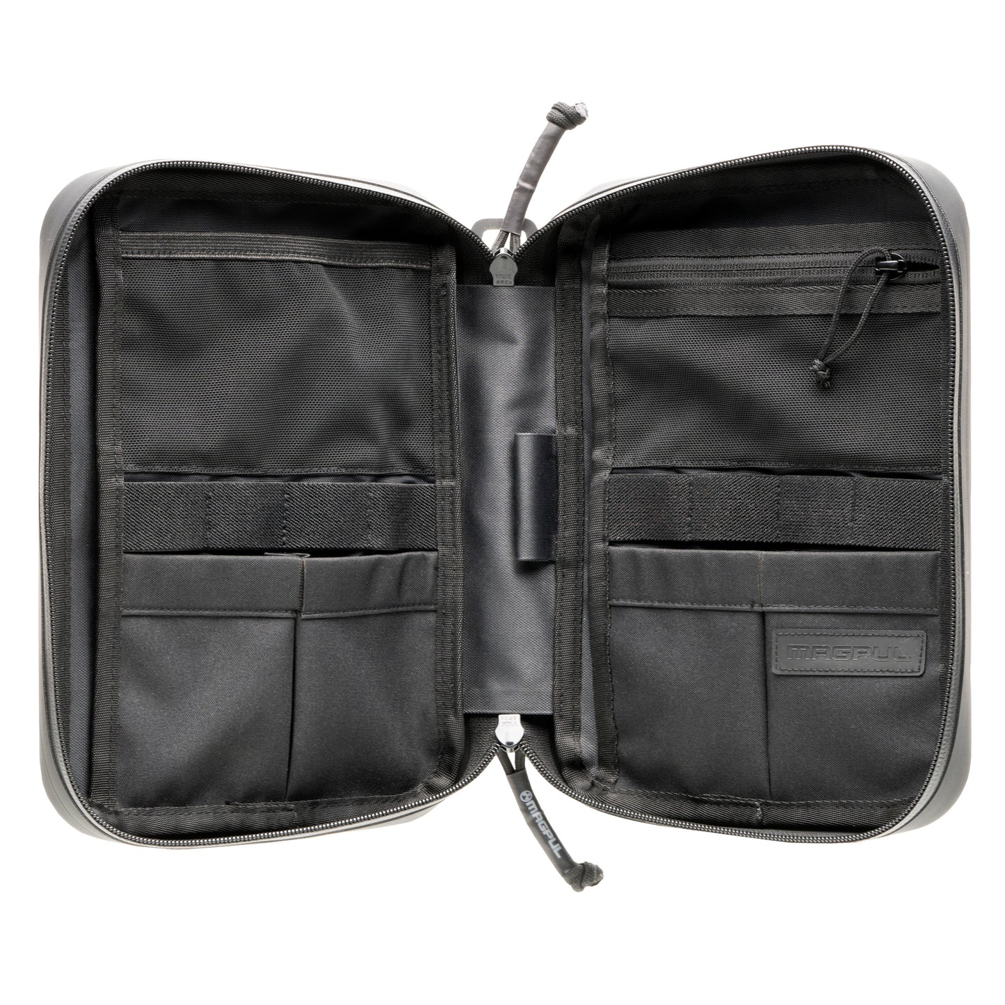 Black tactical pouch with multiple compartments on a white background
