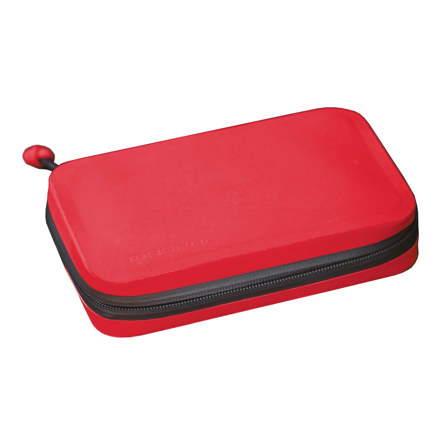 Red carrying case with black zipper on a white background