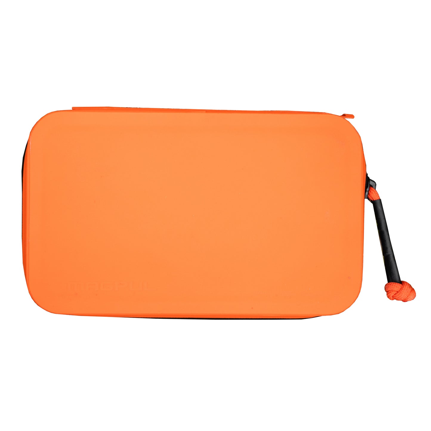 Orange pouch with a black handle on a white background