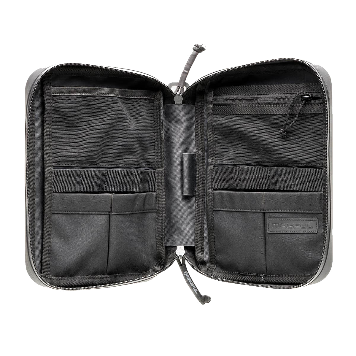 Black tactical pouch with multiple compartments on a white background