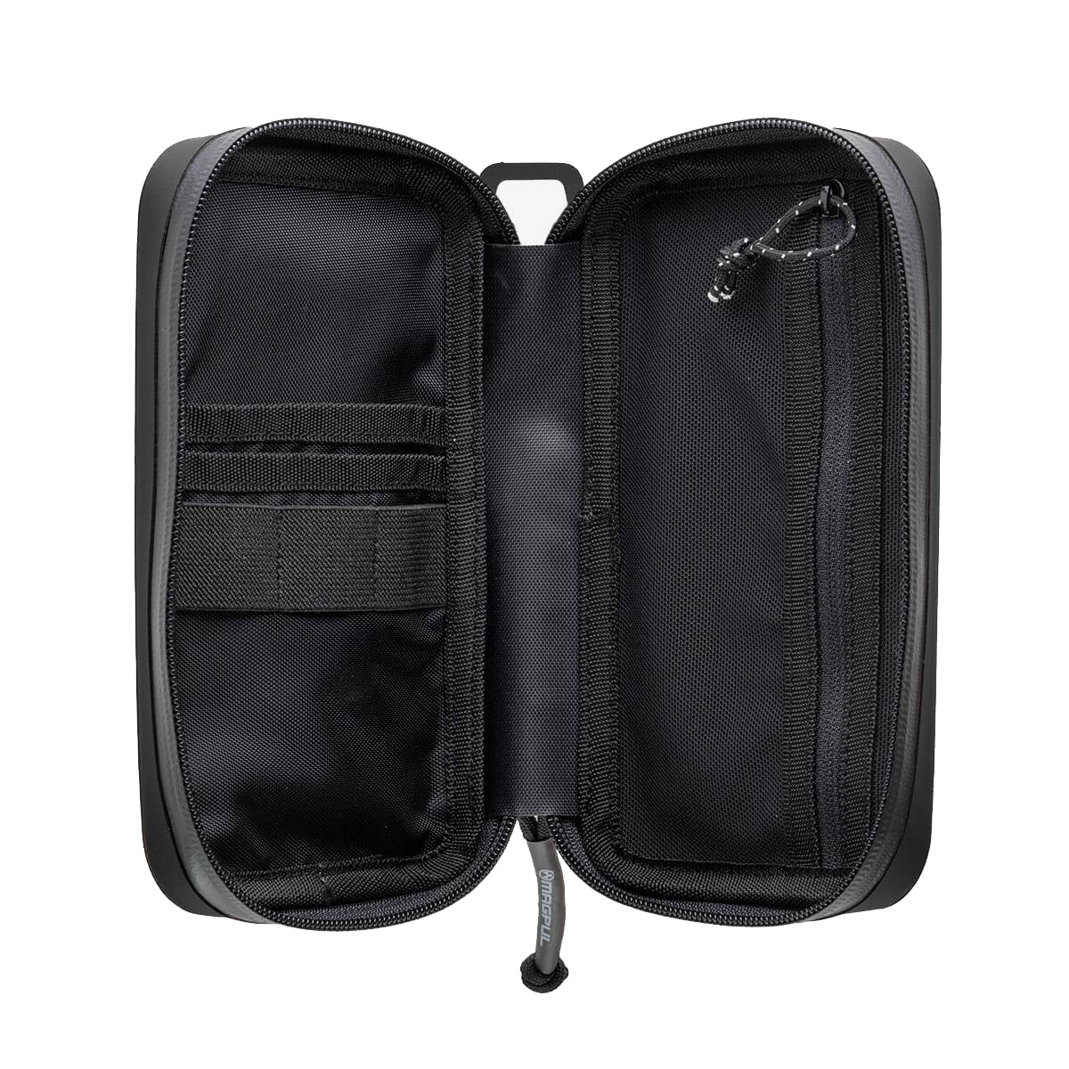 Black tactical pouch with multiple compartments on a white background