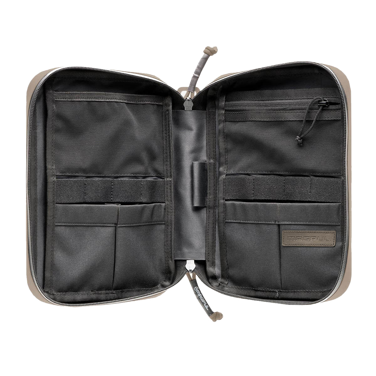 Open tactical pouch with multiple compartments on a white background