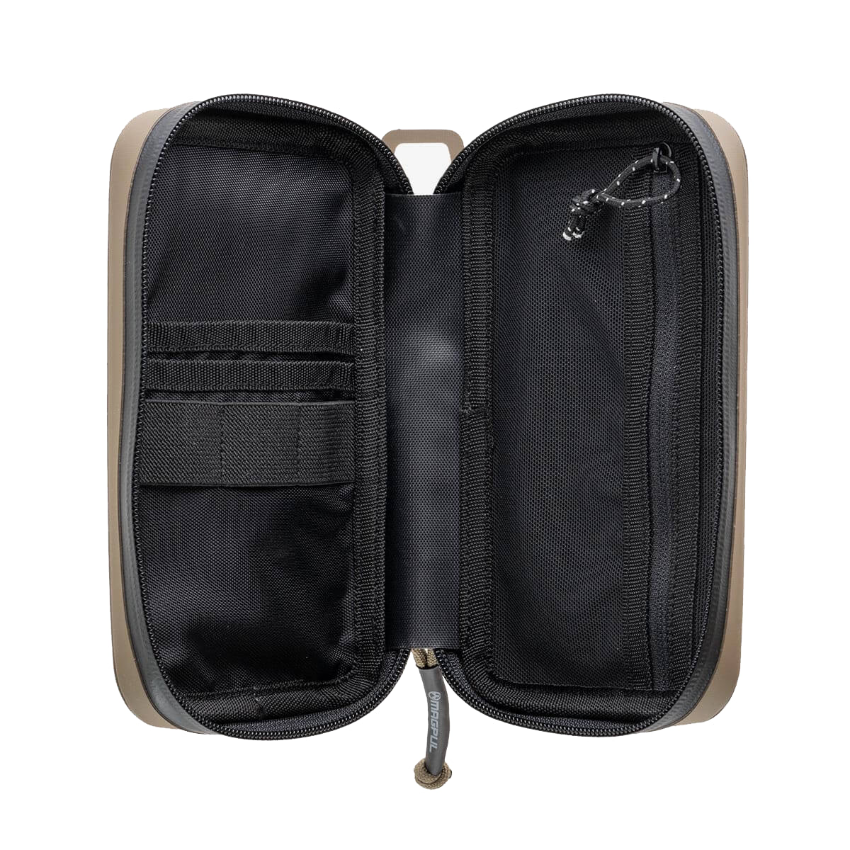 Open black tactical pouch with beige exterior on a white background