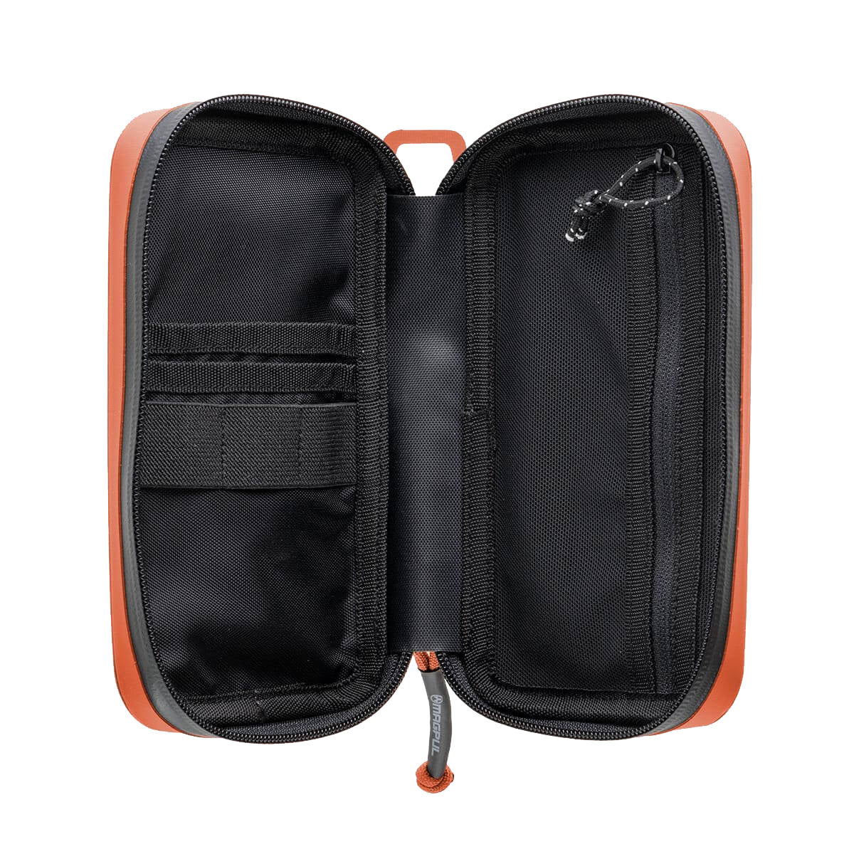 Black travel organizer with orange accents on a white background