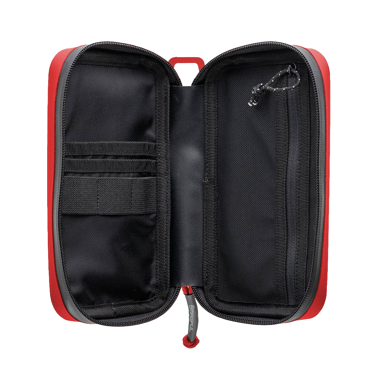 Black and red travel case with open compartments on a white background