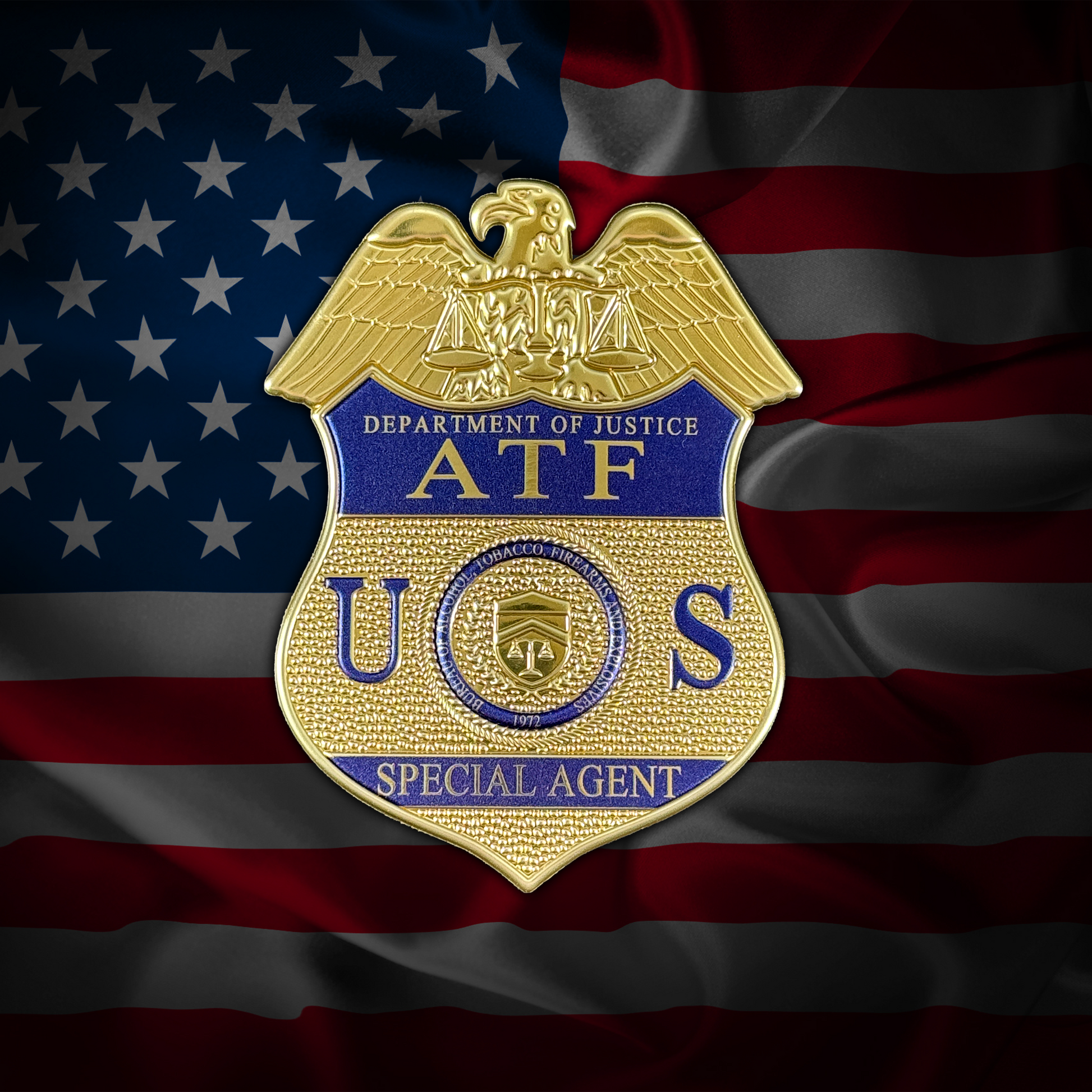 ATF Special Agent BadgePatch™ Flexible Metallic patch on an American flag background