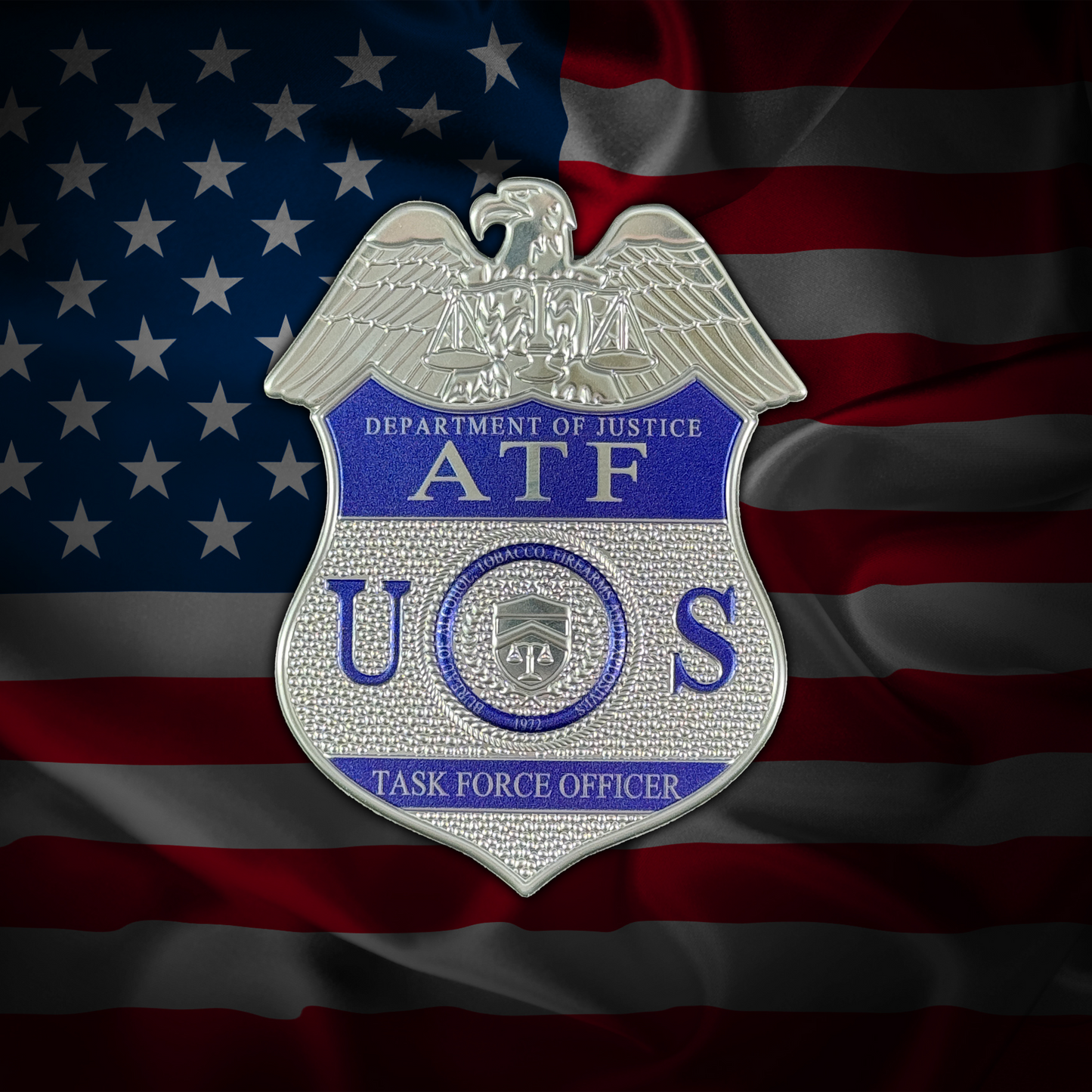 ATF Task Force Officer BadgePatch™ Flexible Metallic patch on an American flag background