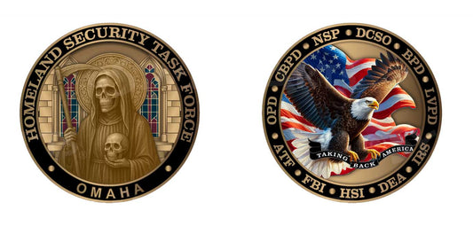 Two coins featuring different designs on a white background