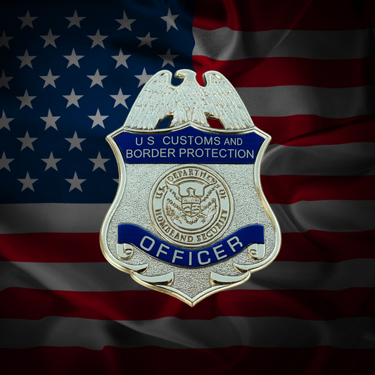U.S. Customs and Border Protection Officer flex badge on an American flag background