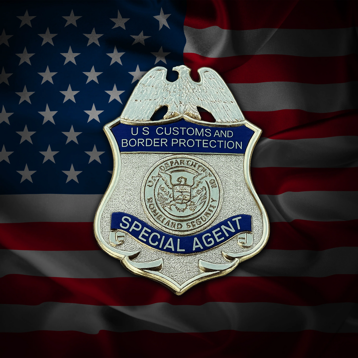 U.S. Customs and Border Protection Special Agent flex badge on an American flag background