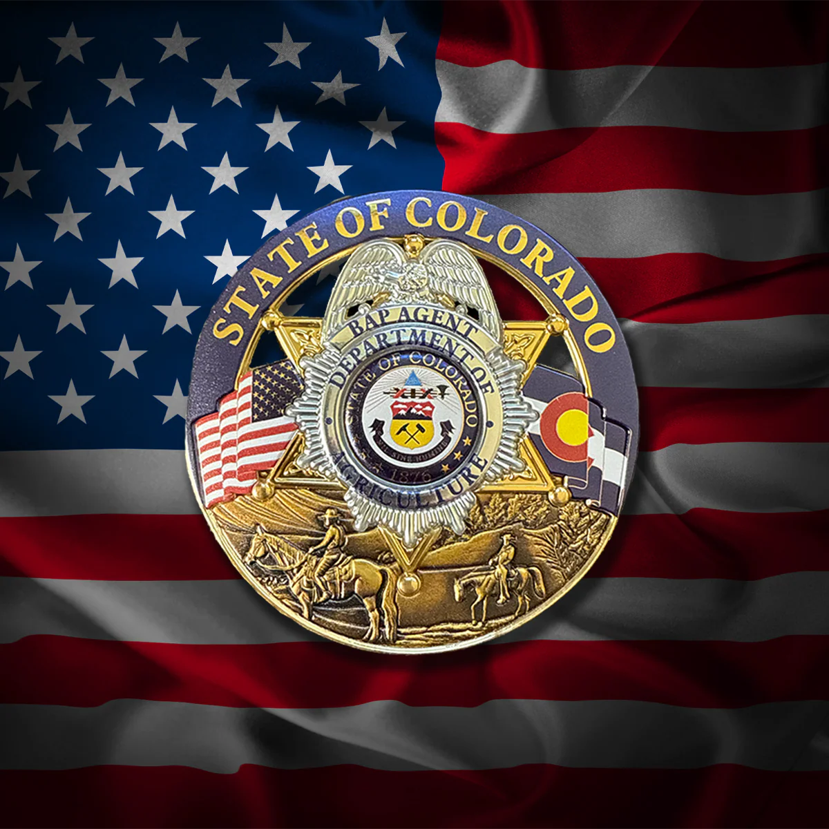 State of Colorado flex badge on an American flag background