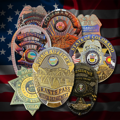 Collection of various flex badges on an American flag background