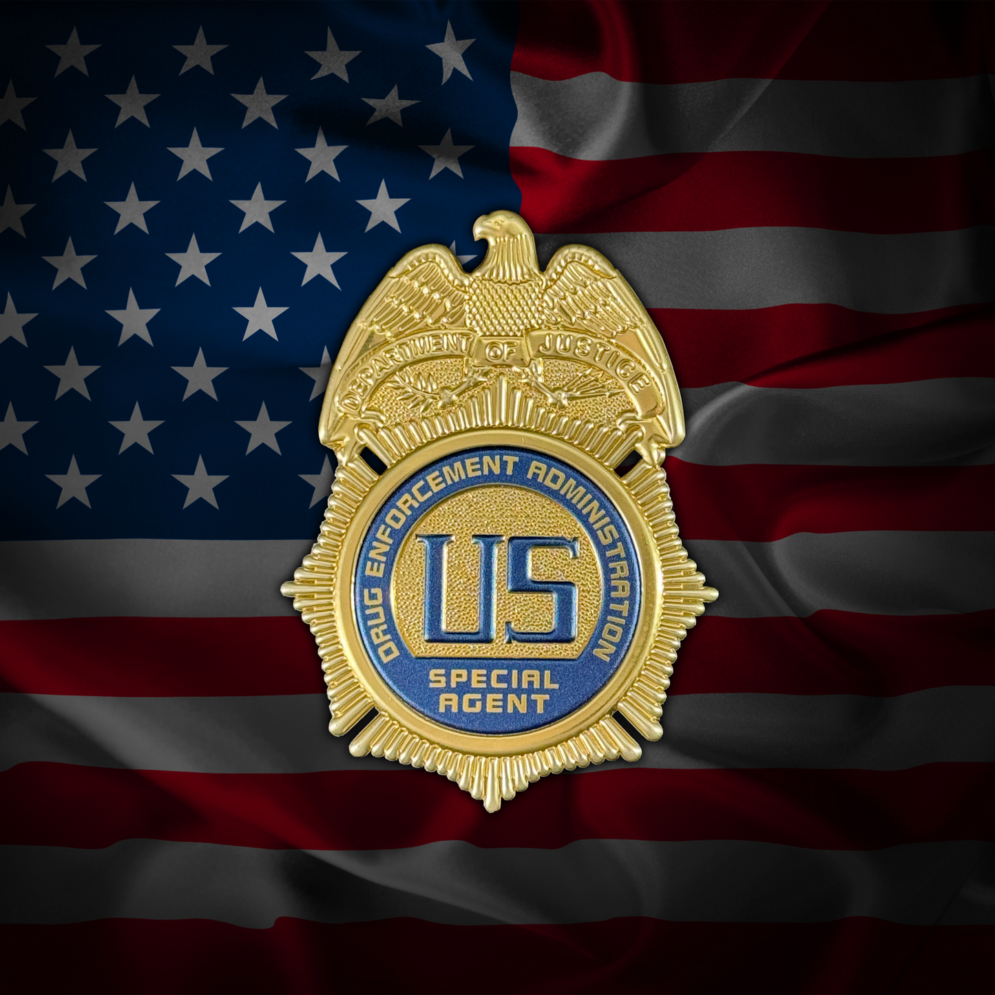 Drug Enforcement Administration Special Agent BadgePatch™ Flexible Metallic patch on an American flag background