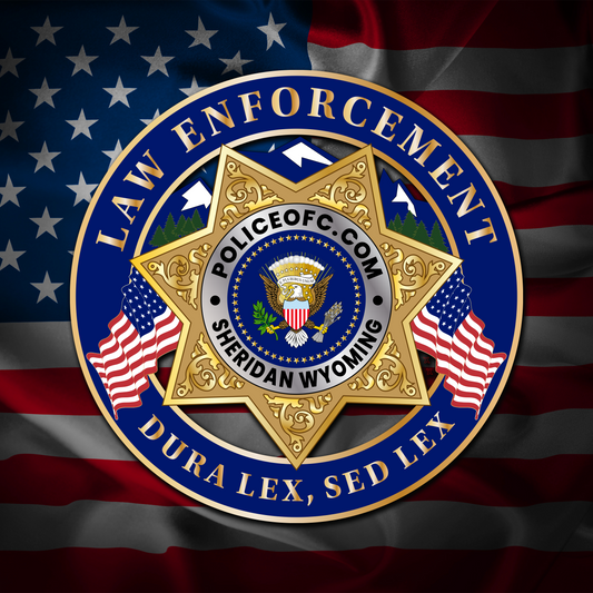 Vectroized Law enforcement badge with Sheridan, Wyoming text on an American flag background