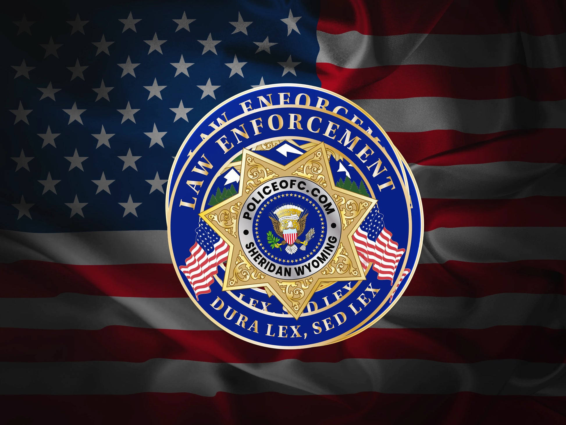 Law Enforcement badge sticker on an American flag background