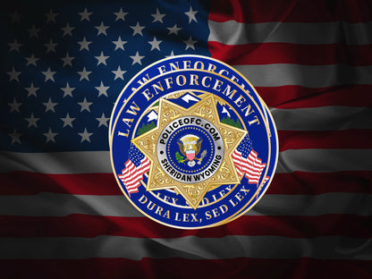 Law Enforcement badge sticker on an American flag background