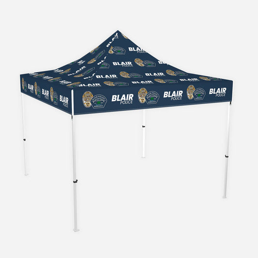 Custom Outdoor event tent with 'Blair Police' branding on a white background