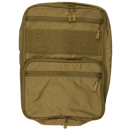 Tan backpack with multiple zippers on a white background