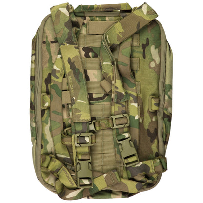 Camouflage backpack with multiple straps and buckles on a white background