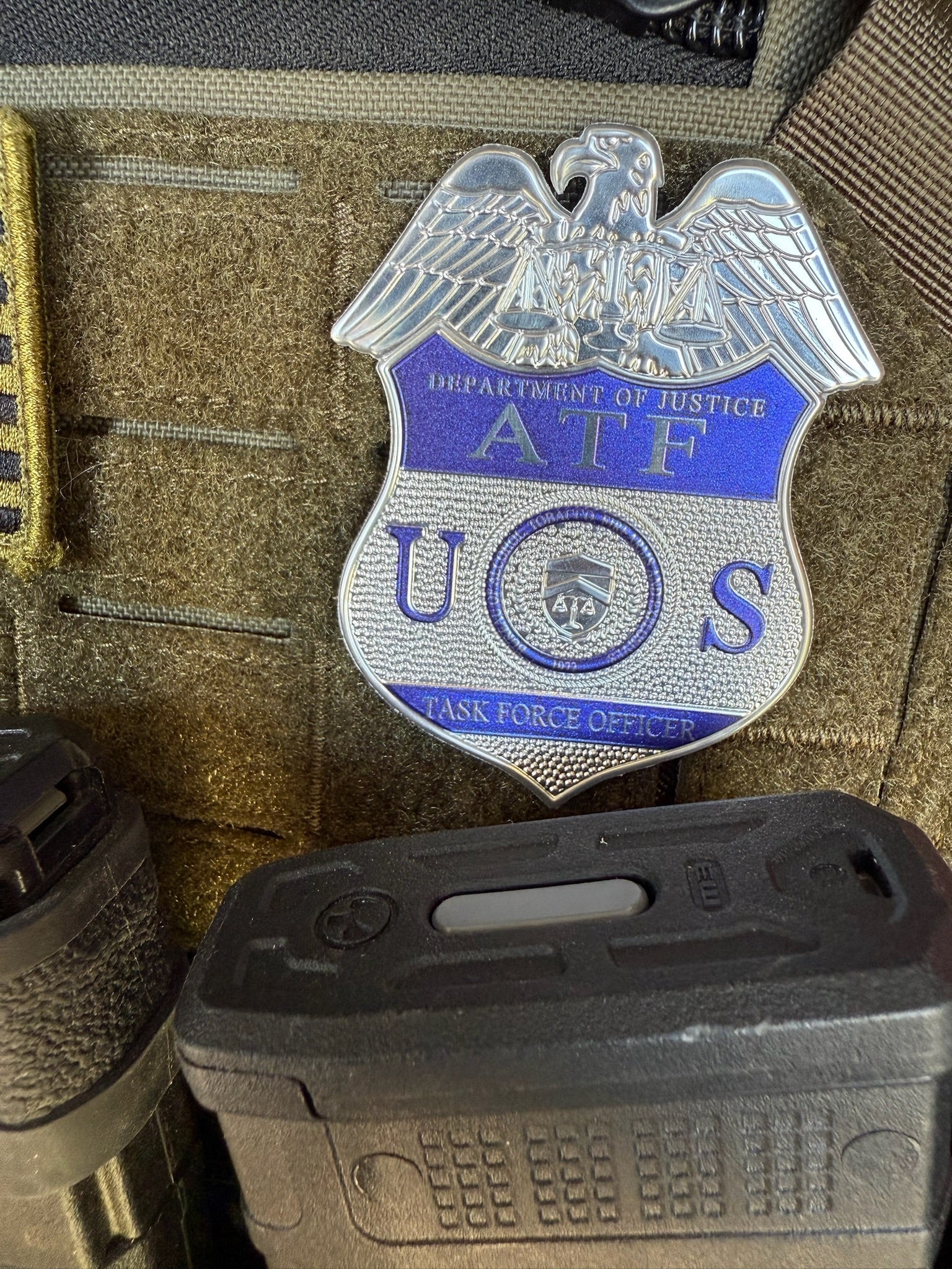 ATF Task Force Officer flex badge on a tactical vest