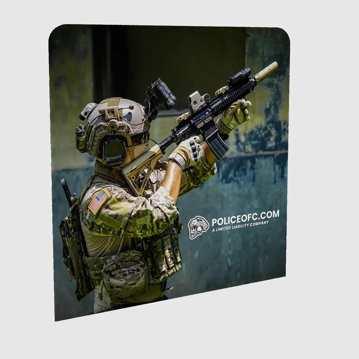 Person in tactical gear holding a rifle with 'POLICEOFC.COM' branding on a dark background