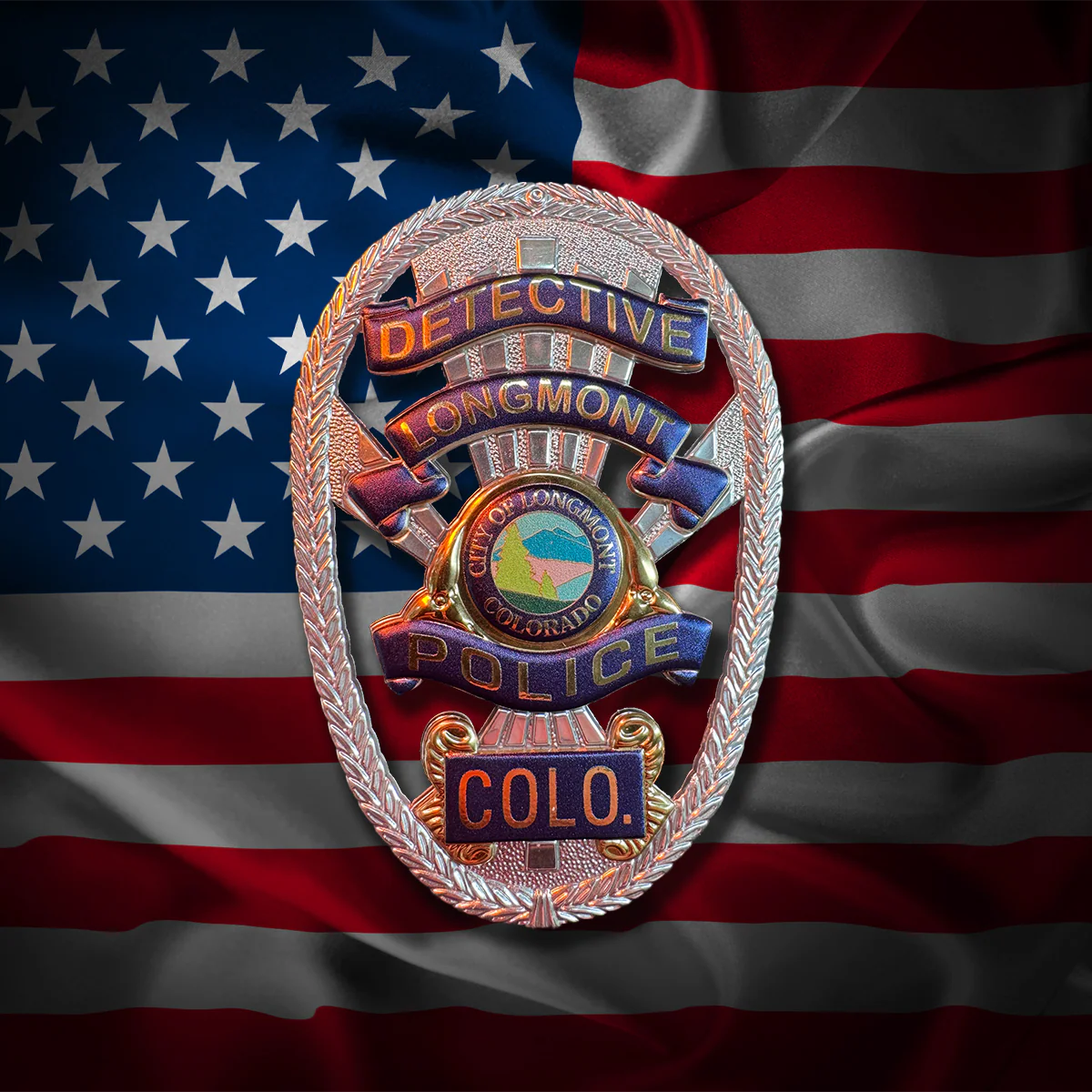 Detective flex badge Police Department on an American flag background
