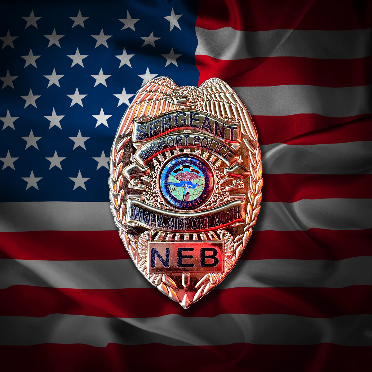 Sergeant flex badge on an American flag background