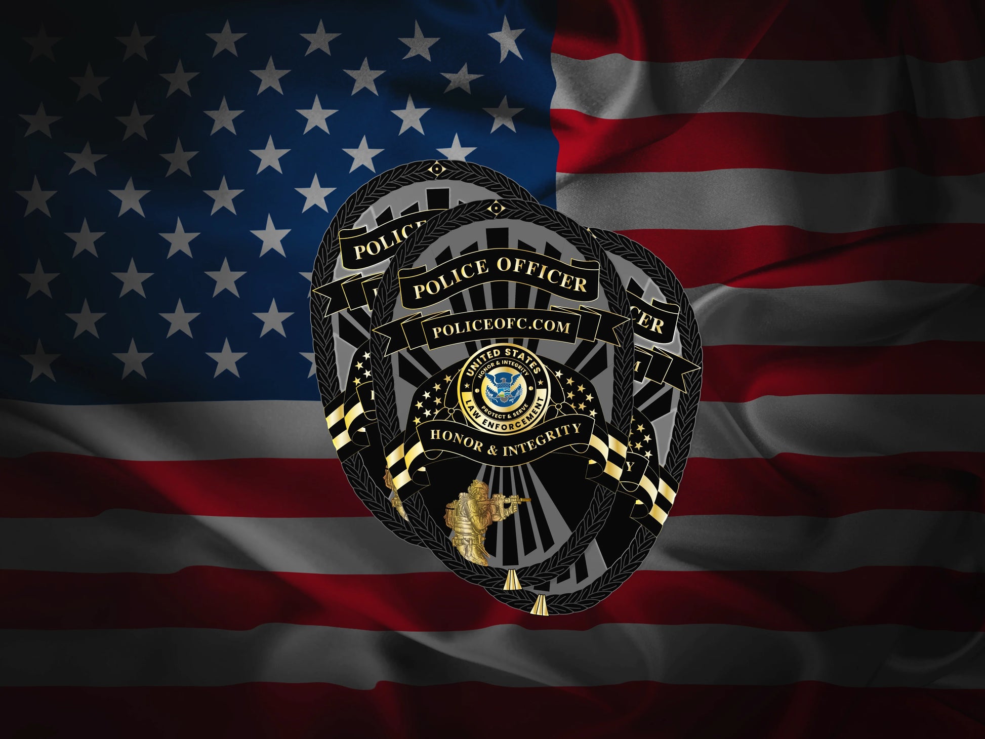 Die cut, custom sticker - Police badge with 'POLICE OFFICER' text on an American flag background