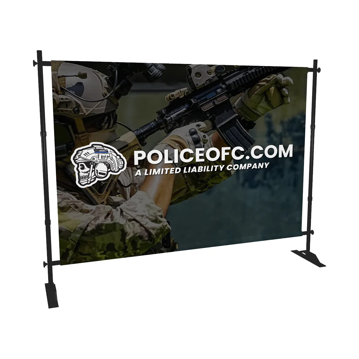 Media Backdrop with a person in tactical gear and 'POLICE OF C' branding on a stand.