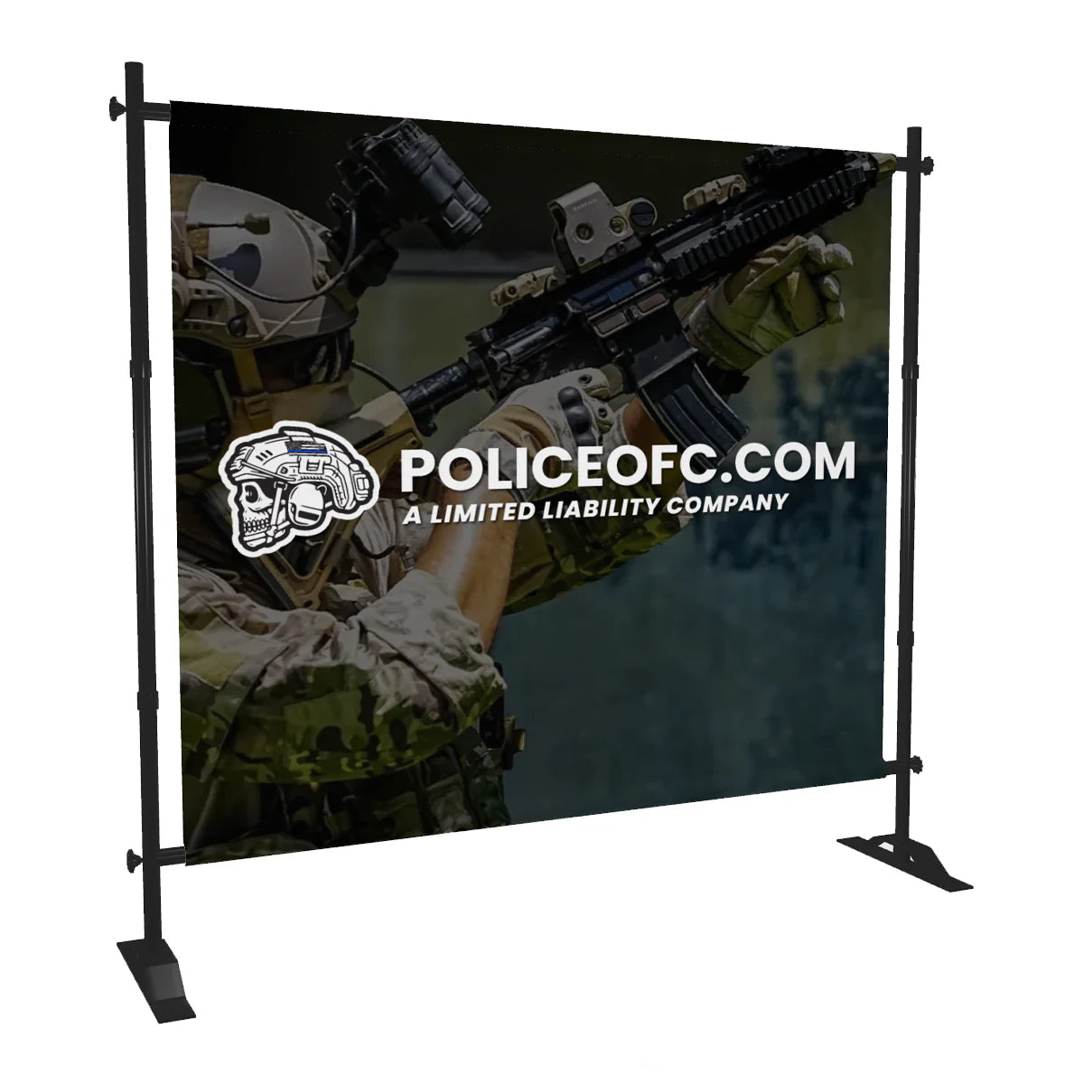 Police-themed display with a person in tactical gear and rifle, featuring PoliceOfC.com on a black background.