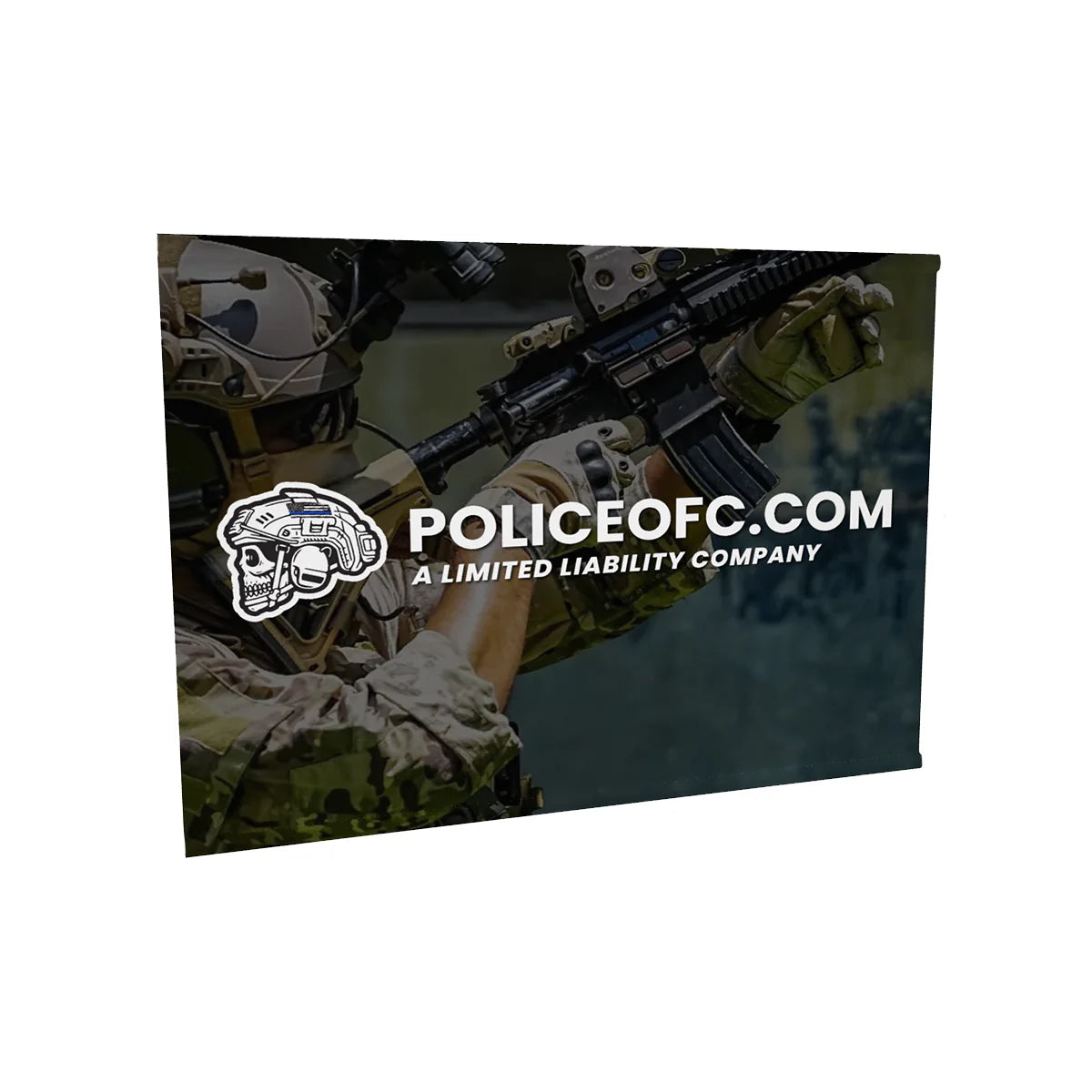 Media Backdrop with a Person in tactical gear holding a rifle with 'POLICEOFC' logo and text on a dark background