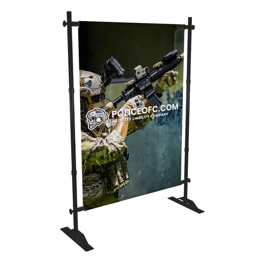 Outdoor display stand with a graphic of a person holding a rifle and text 'POLICEOFC.COM'.