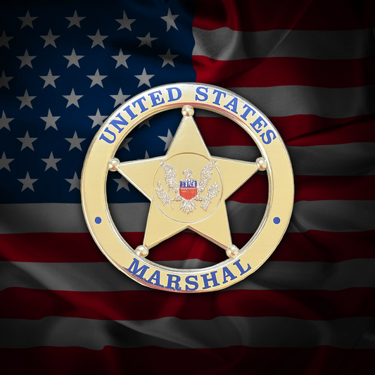United States Marshal flex badge on an American flag background