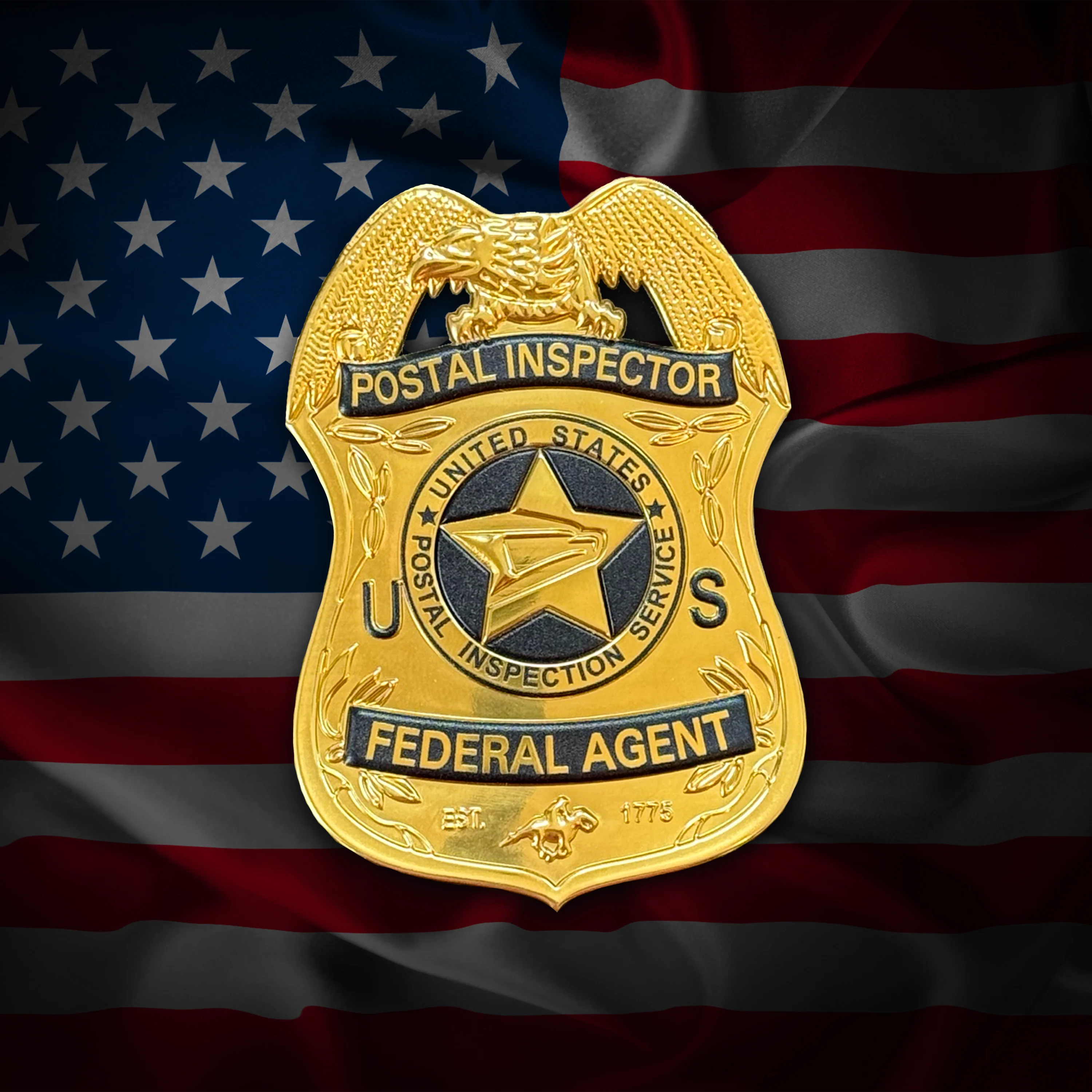 Gold Postal Inspector flex badge on an American flag background