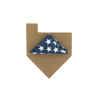 Dog flag holder with blue star pattern on a beige background