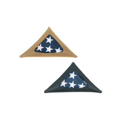 Two triangular patches with star patterns on a white background