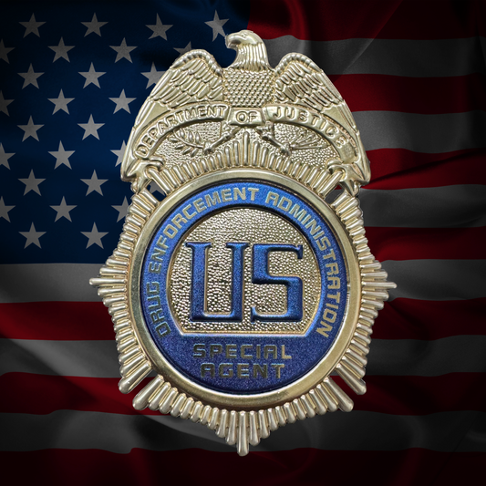 DEA Special Agent flex badge on an American flag background