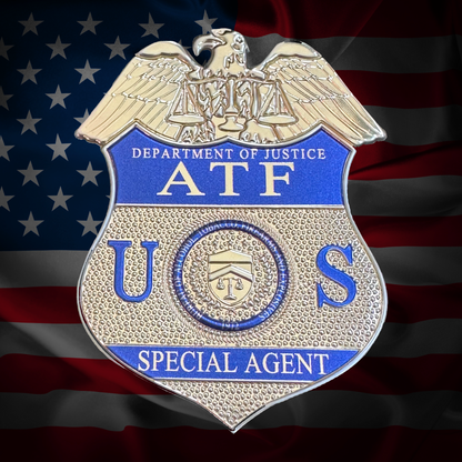 ATF Special Agent badge with American flag in the background